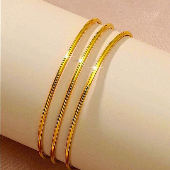 Gold Plated Thin Minimalist Bangle Bracelet Set of Three - Picture 6 of 7